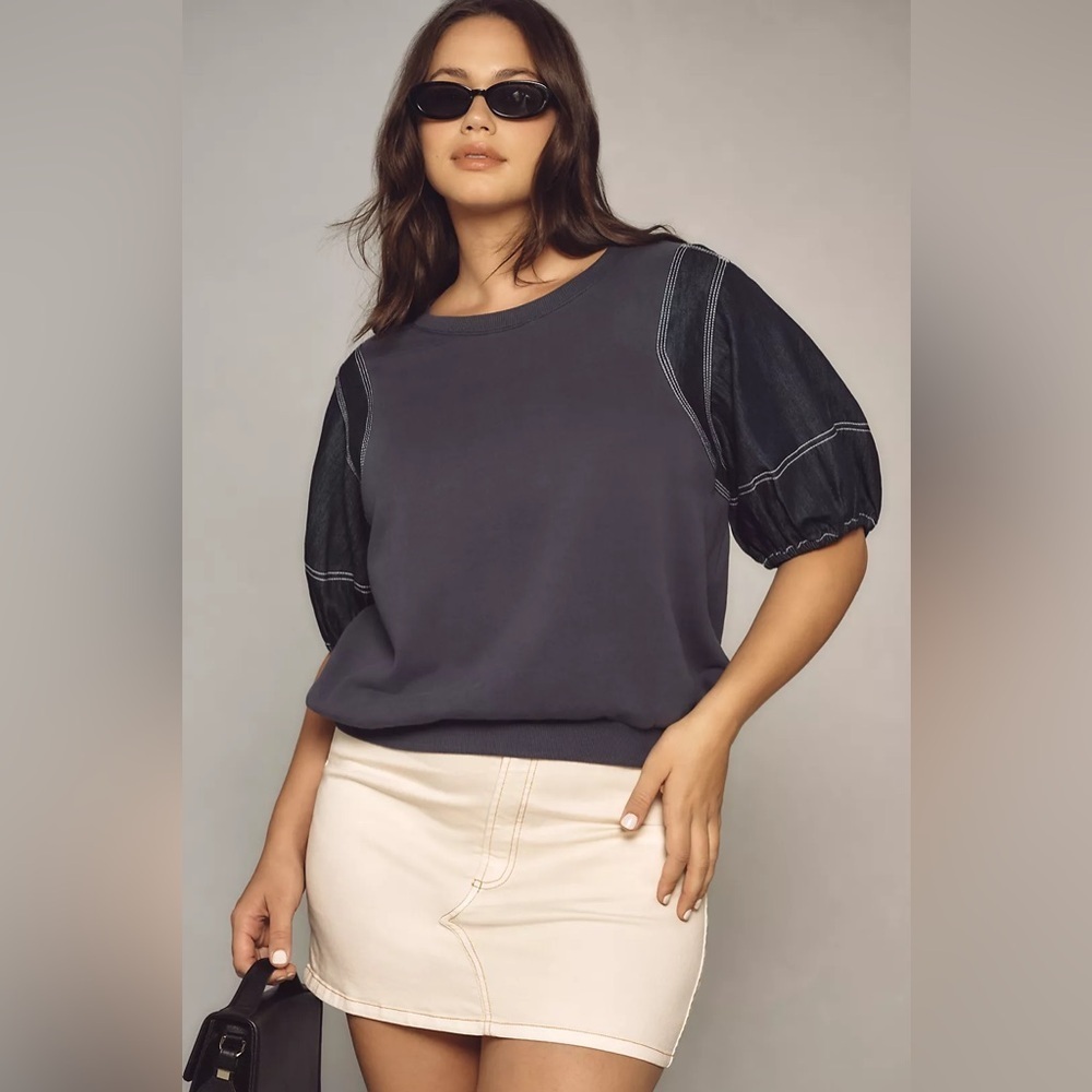 NWT Size 3X - Anthropologie Pilcro Denim-Sleeve Twofer Sweatshirt (100% Cotton)